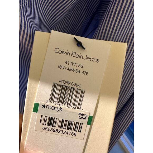 Calvin Klein Blue White Classic Striped Button Down Shirt NWT Roll Tab Sleeve - Picture 13 of 16